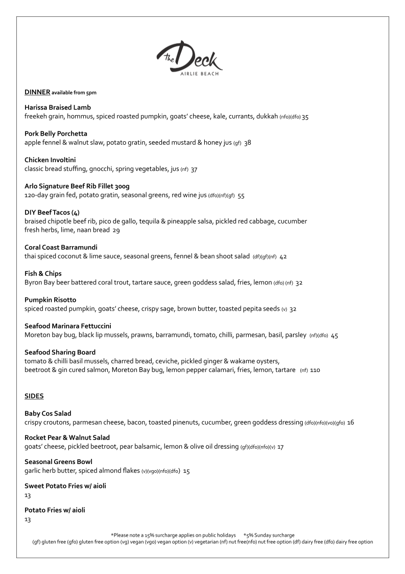 Menu, The Deck Airlie Beach