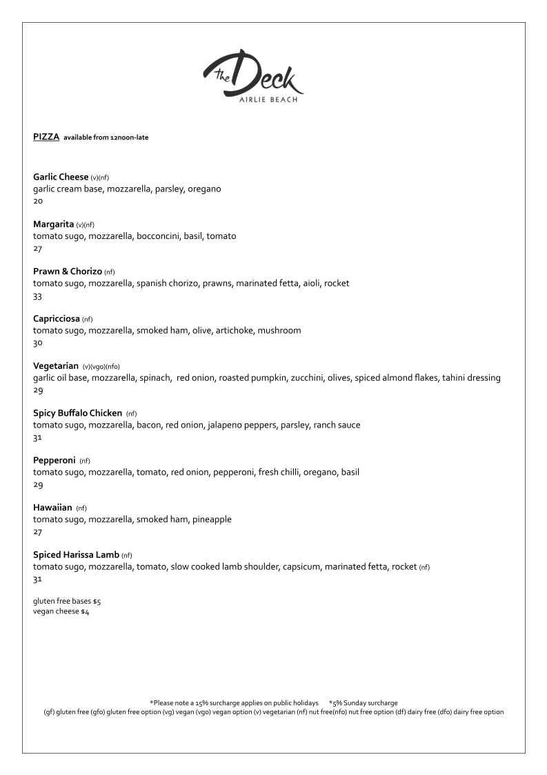 Menu, The Deck Airlie Beach