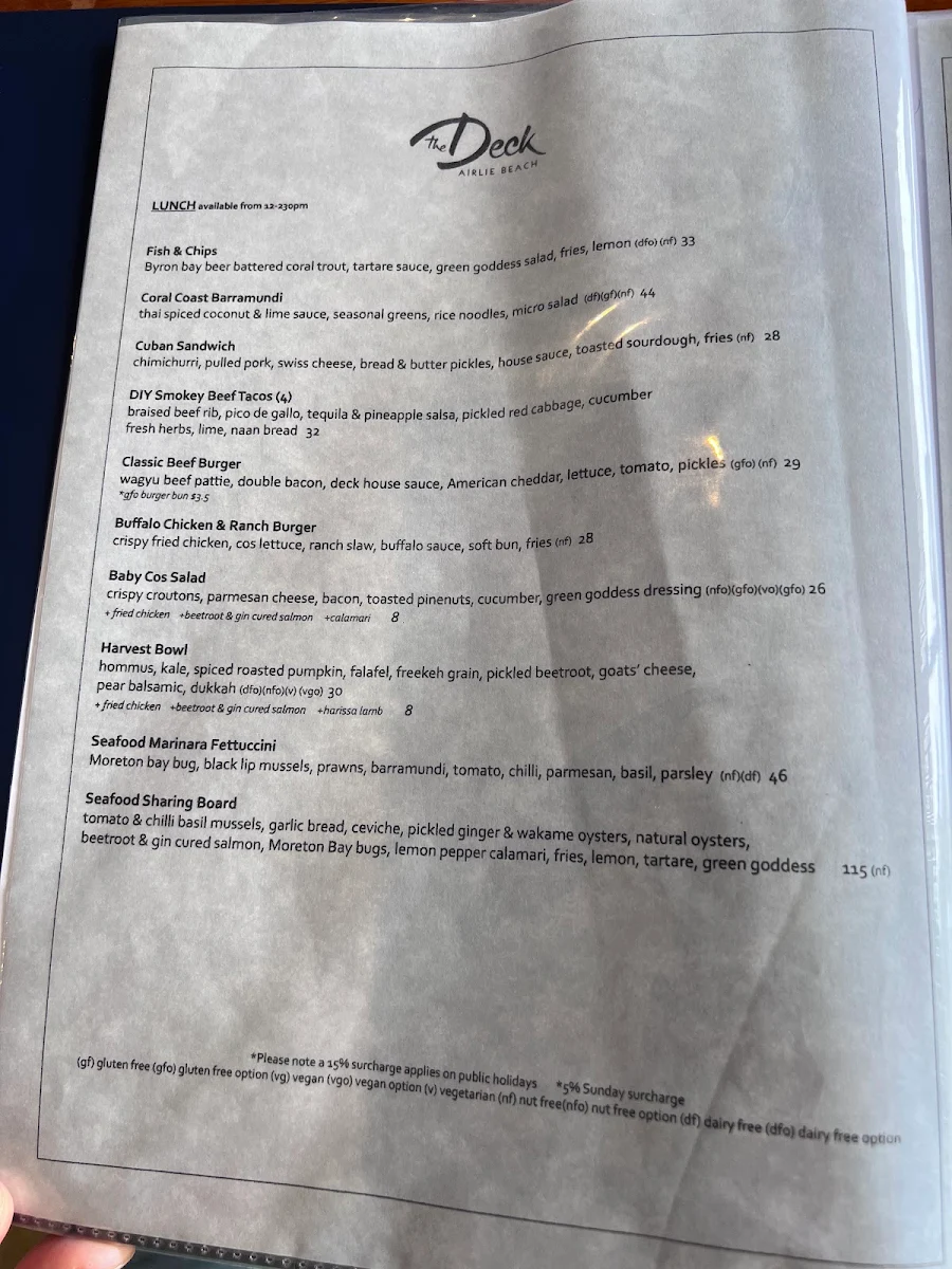 Menu, The Deck Airlie Beach
