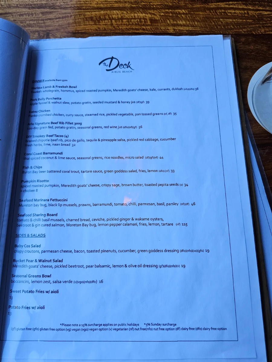 Menu, The Deck Airlie Beach