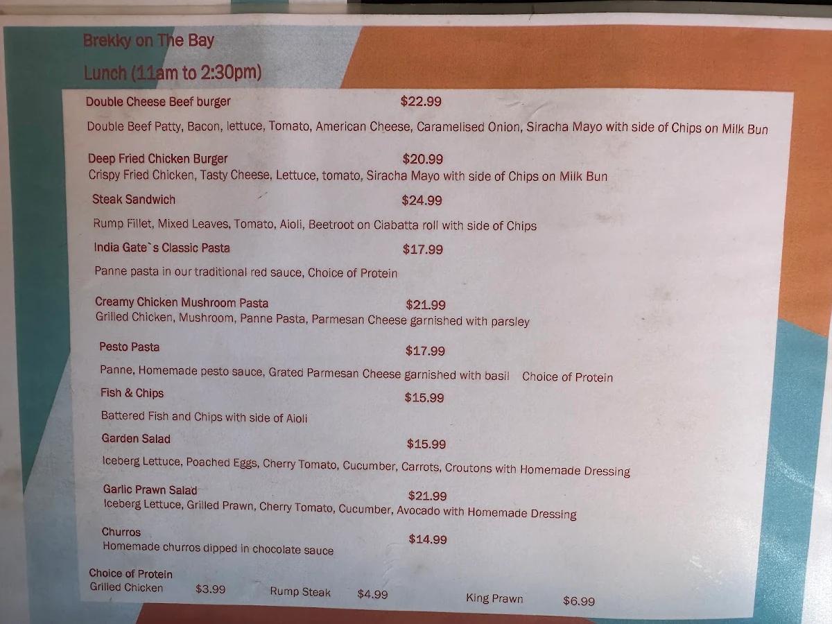 Menu, India Gate on the Bay