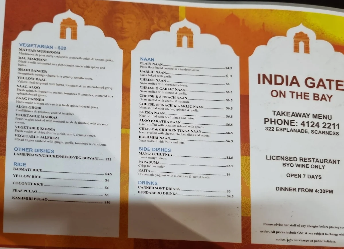 Menu, India Gate on the Bay