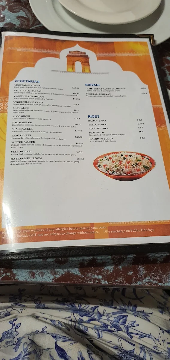 Menu, India Gate on the Bay