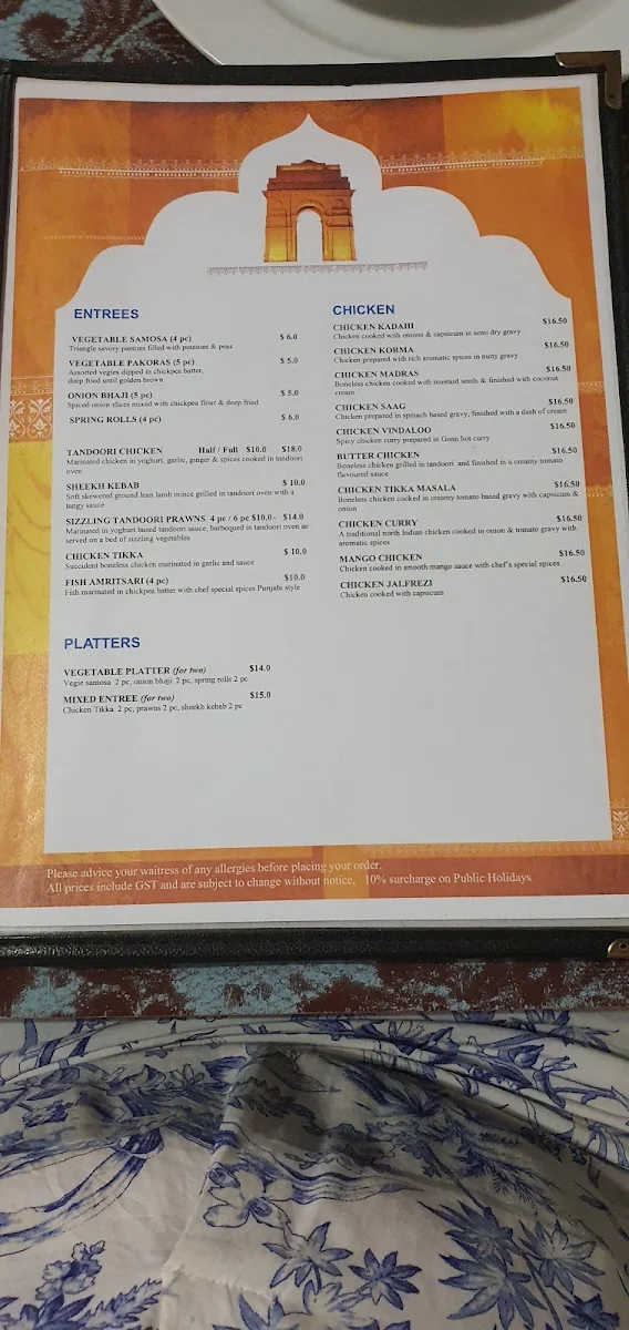 Menu, India Gate on the Bay
