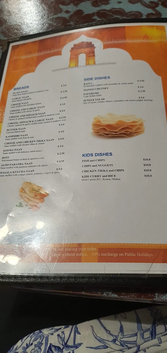 Menu, India Gate on the Bay