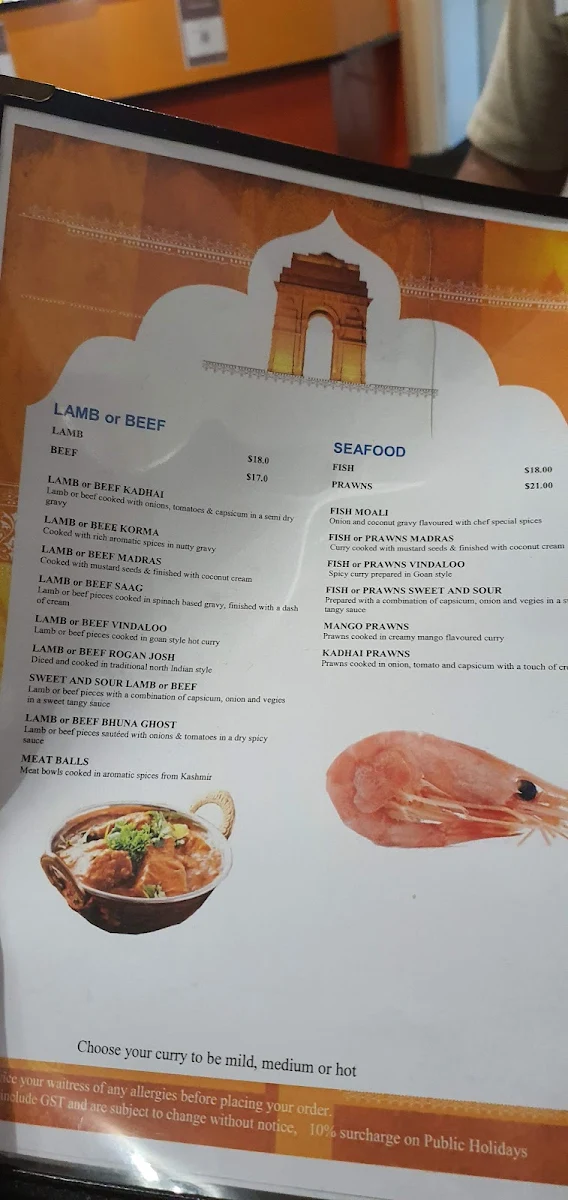 Menu, India Gate on the Bay