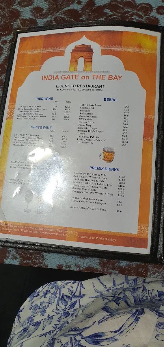 Menu, India Gate on the Bay