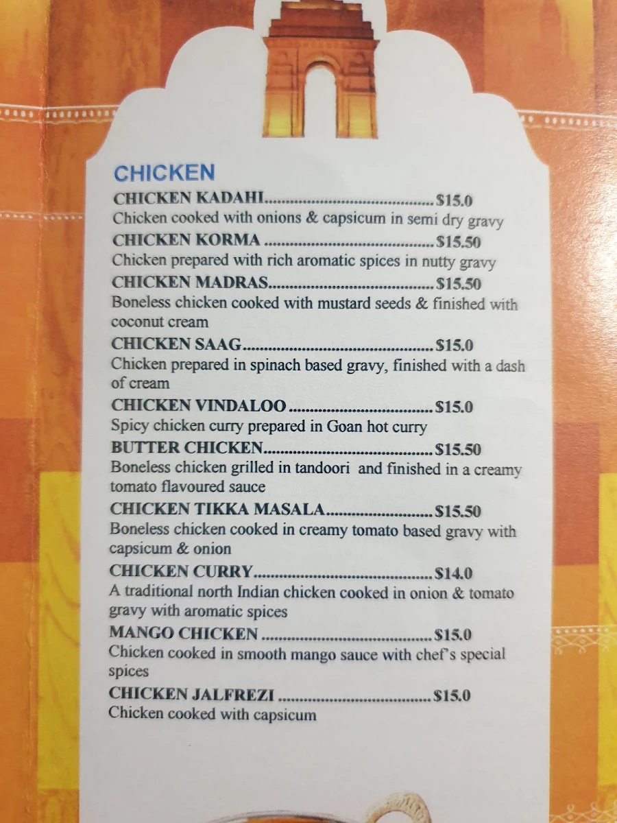 Menu, India Gate on the Bay