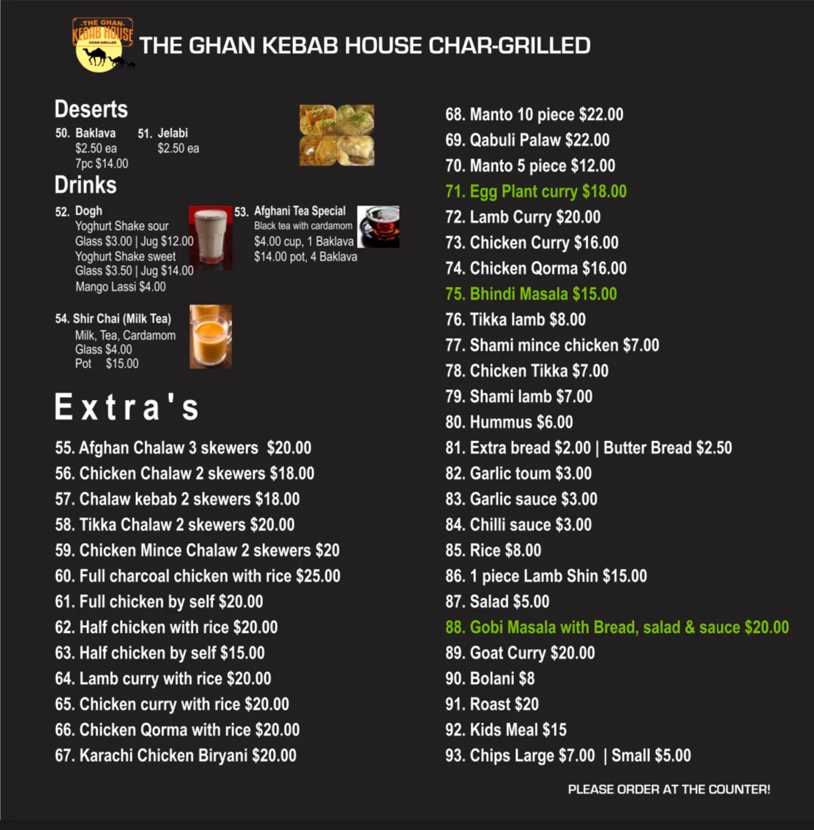Menu, The Ghan Kebab House brighton