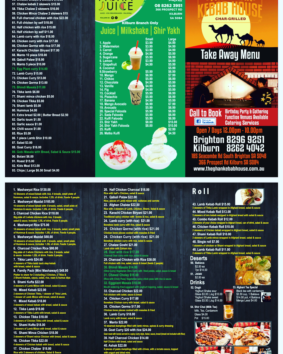 Menu, The Ghan Kebab House brighton