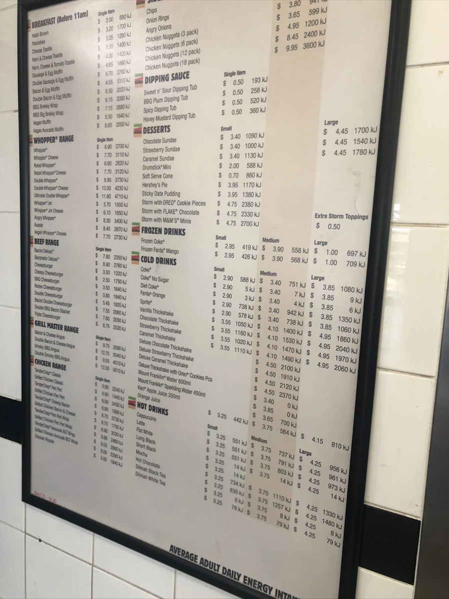 Menu, Hungry Jack's Burgers Bathurst