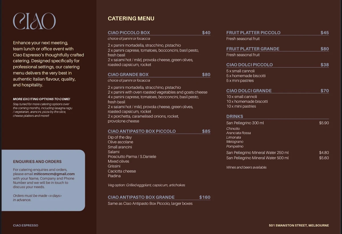 Menu, Ciao Espresso