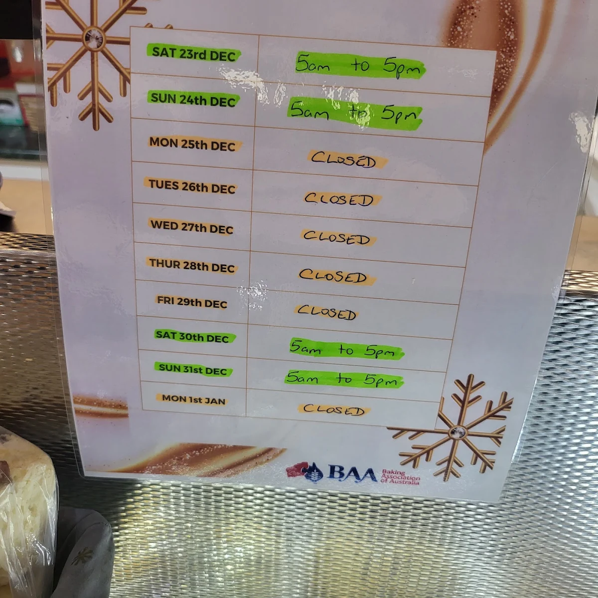 Menu, Dayboro Bakery