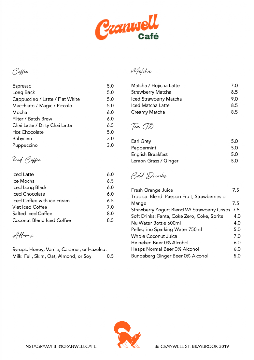 Menu, Cranwell Cafe