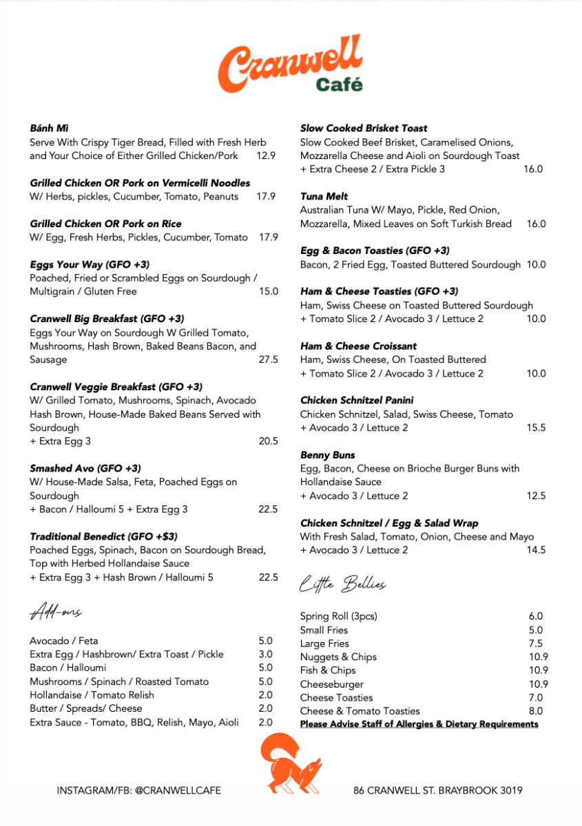 Menu, Cranwell Cafe