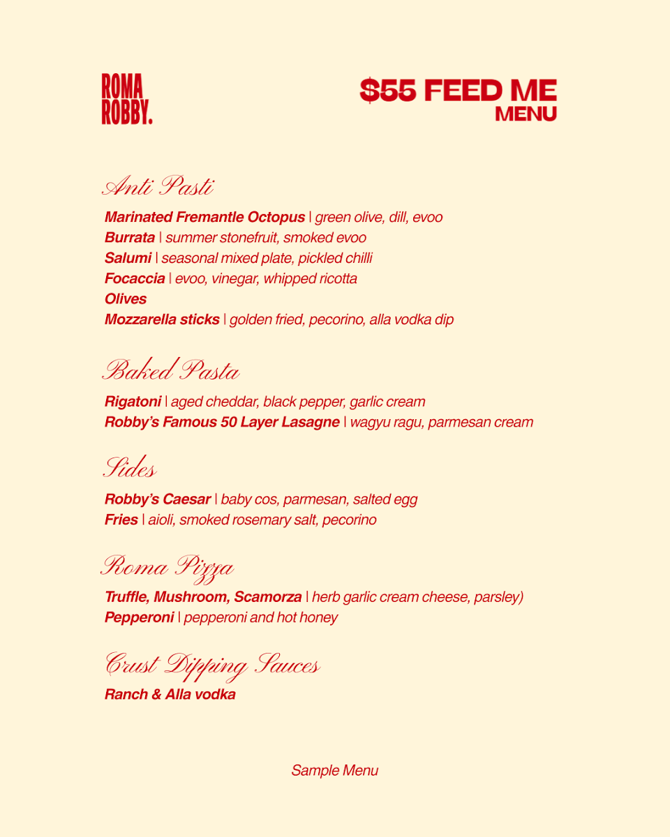 Menu, Roma Robby Italian Restaurant