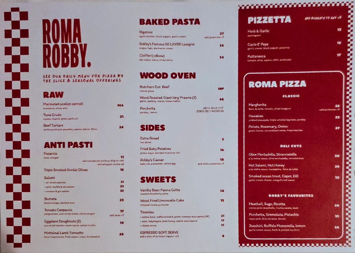 Menu, Roma Robby Italian Restaurant