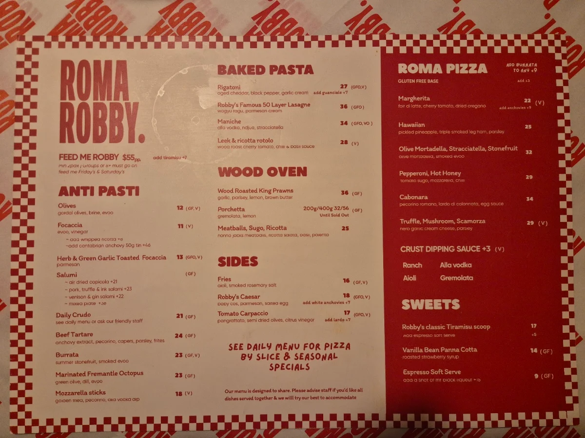 Menu, Roma Robby Italian Restaurant
