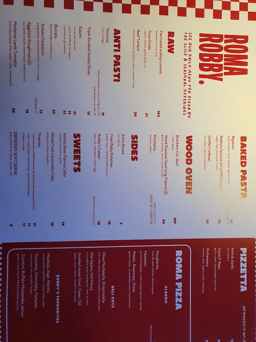 Menu, Roma Robby Italian Restaurant