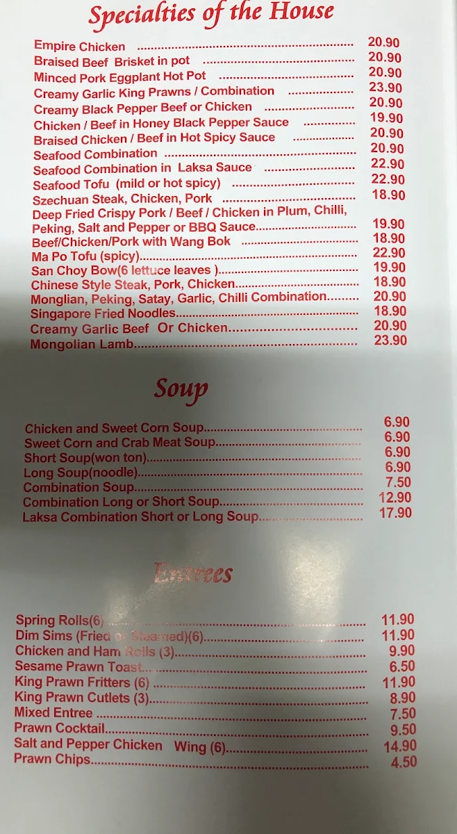 Menu, Mun Hing Restaurant