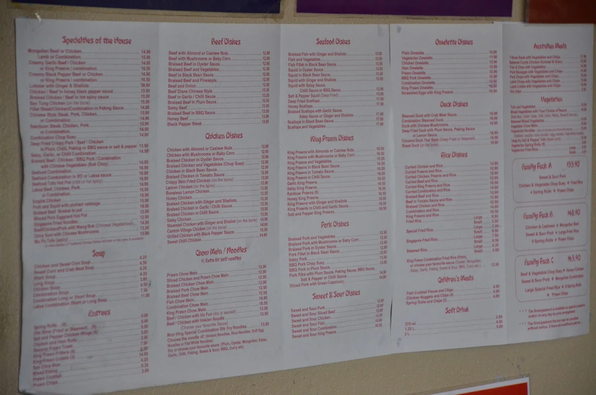 Menu, Mun Hing Restaurant