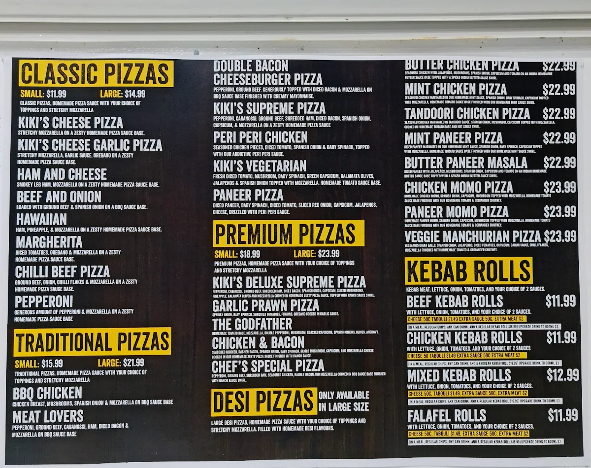 Menu, Kiki's Pizza and Kebabs