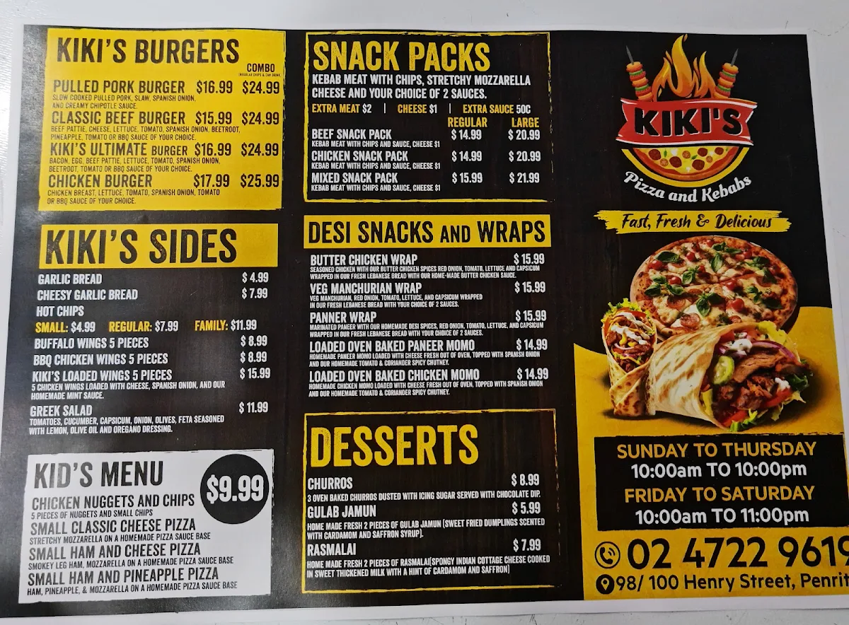 Menu, Kiki's Pizza and Kebabs