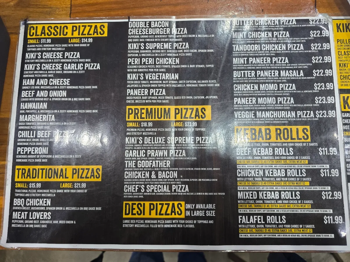 Menu, Kiki's Pizza and Kebabs
