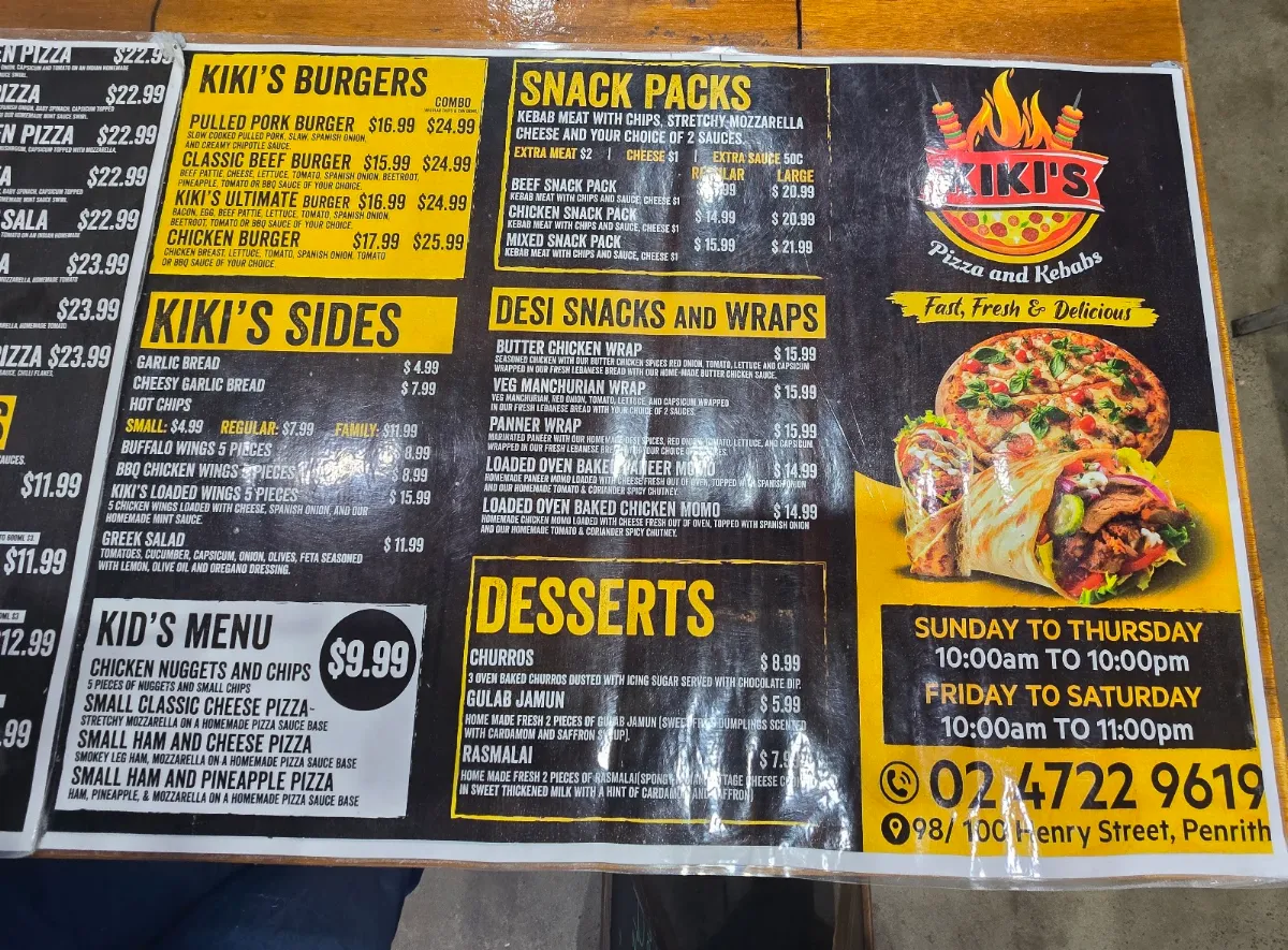 Menu, Kiki's Pizza and Kebabs