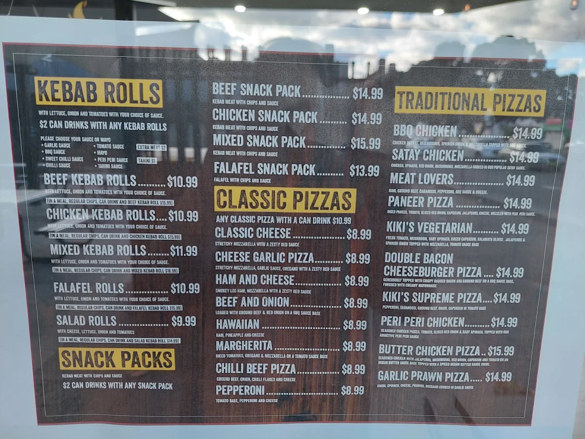 Menu, Kiki's Pizza and Kebabs