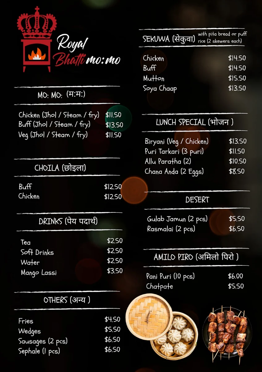 Menu, Royal Bhatti MoMo