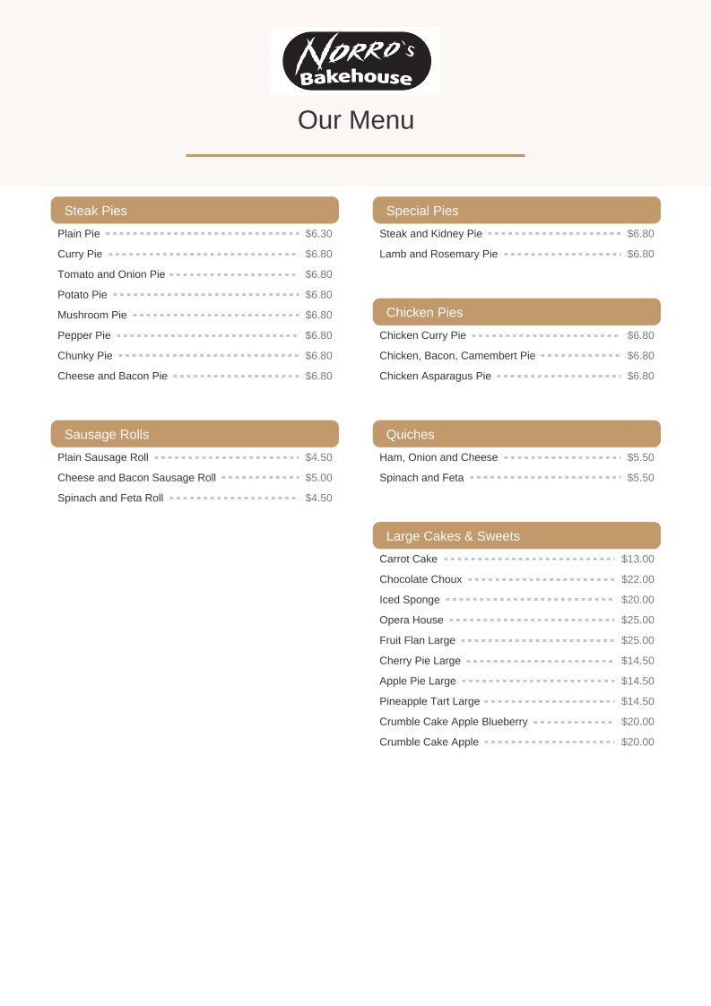 Menu, Norro's Bakehouse