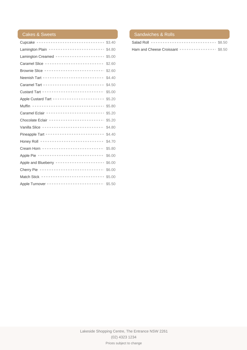 Menu, Norro's Bakehouse