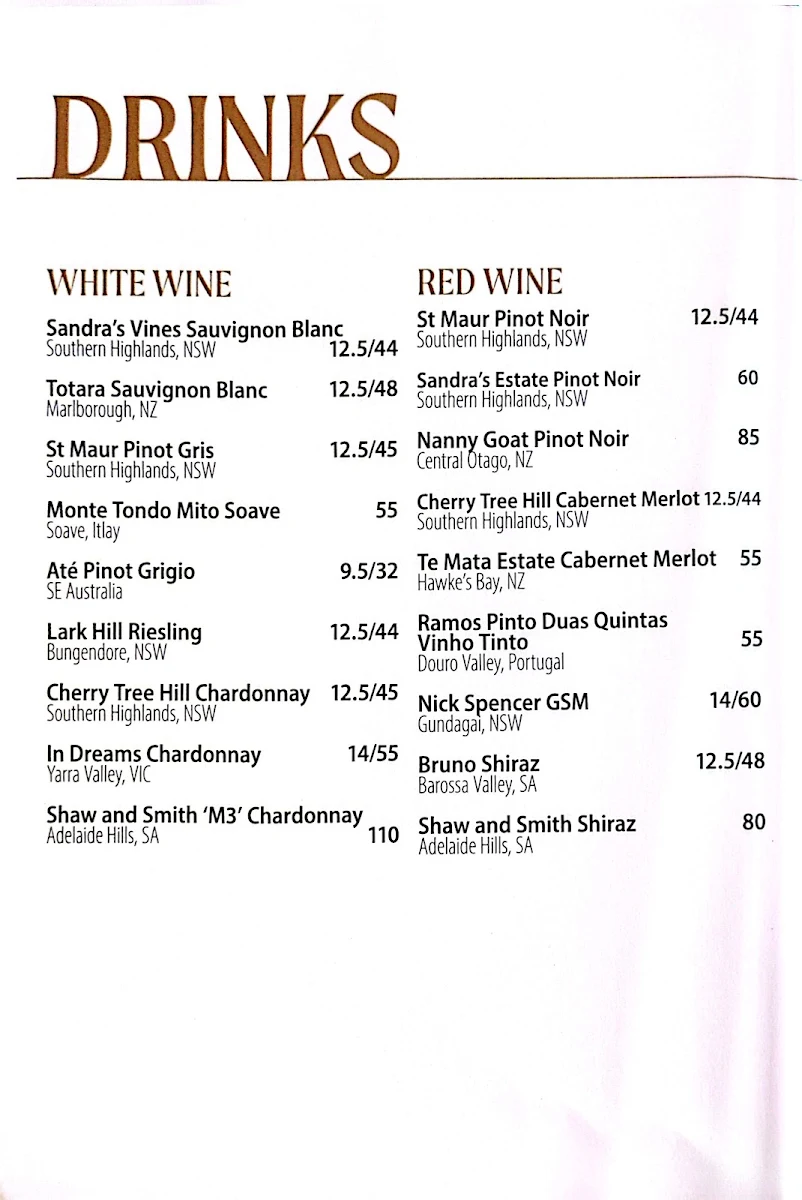 Menu, Mittagong Hotel