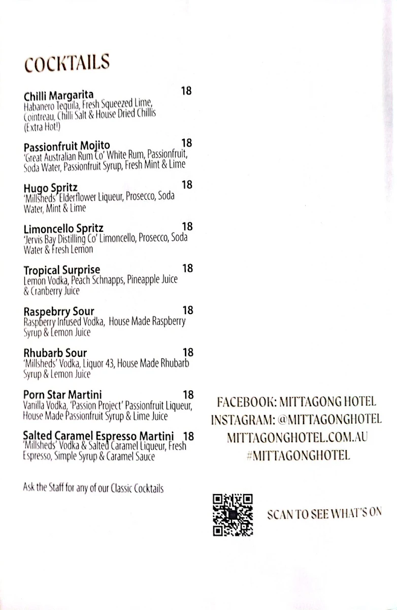 Menu, Mittagong Hotel