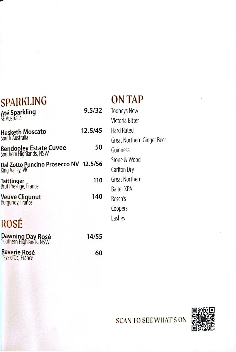 Menu, Mittagong Hotel