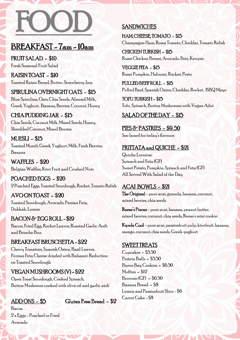 Menu, Kynda Cafe and Boutique