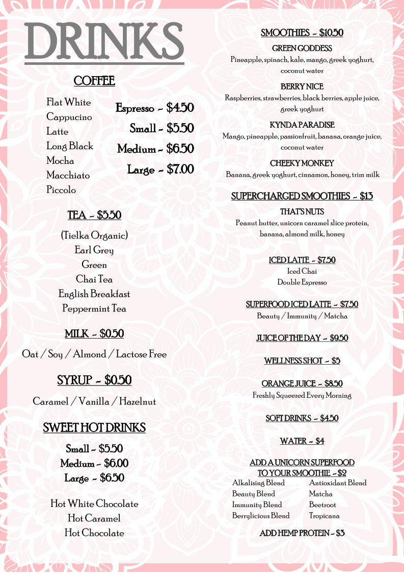 Menu, Kynda Cafe and Boutique