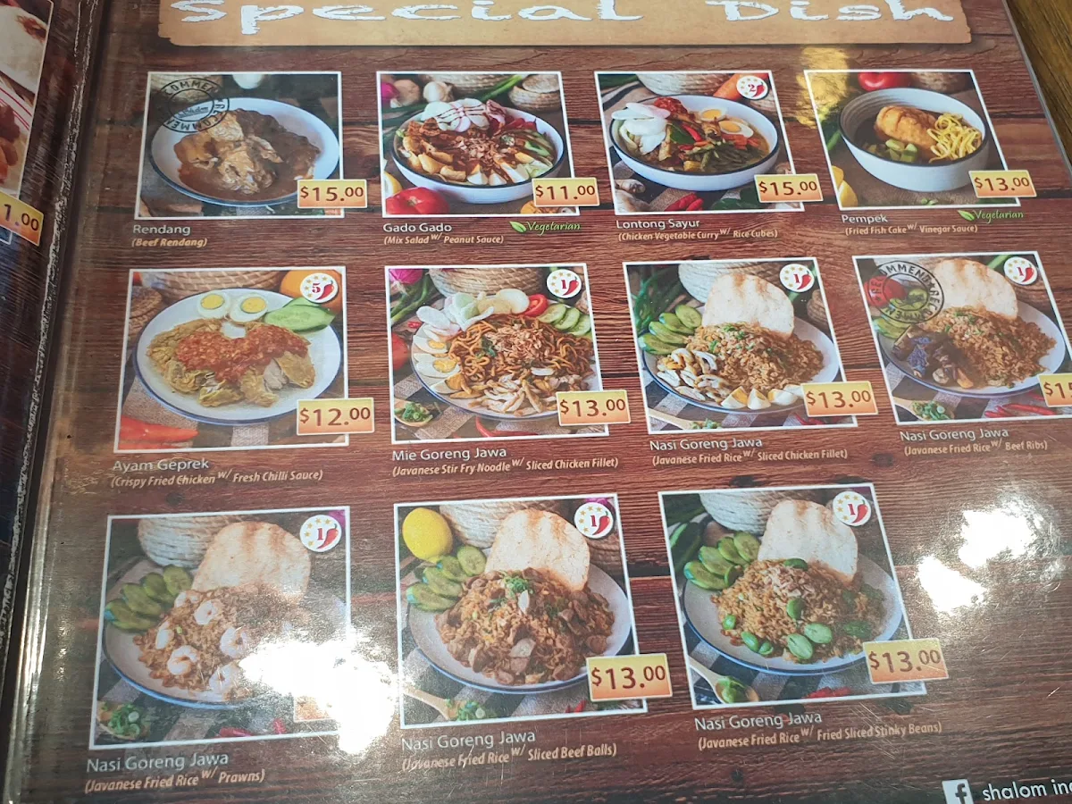 Menu, Shalom Indonesian Restaurant