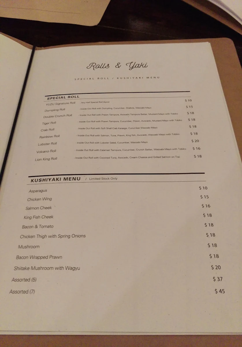 Menu, Yuzu Dining
