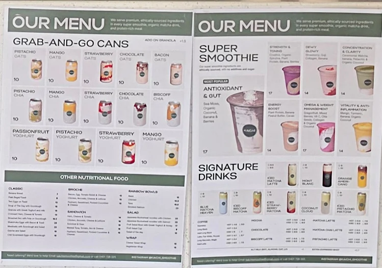 Menu, Kaichi Smoothie Bar