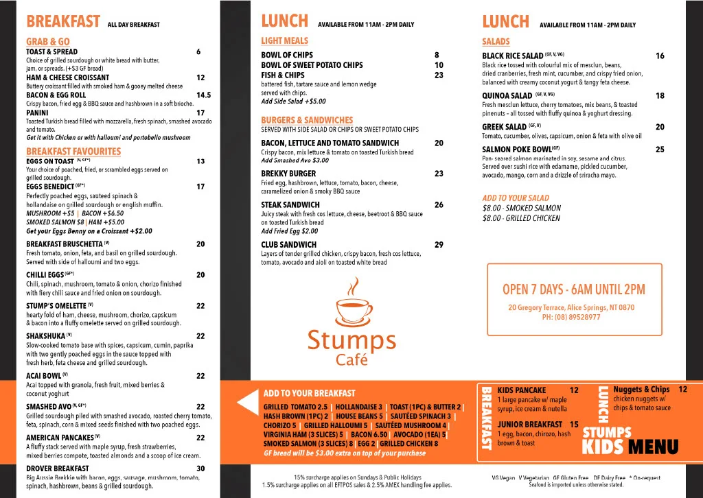 Menu, Stumps Cafe