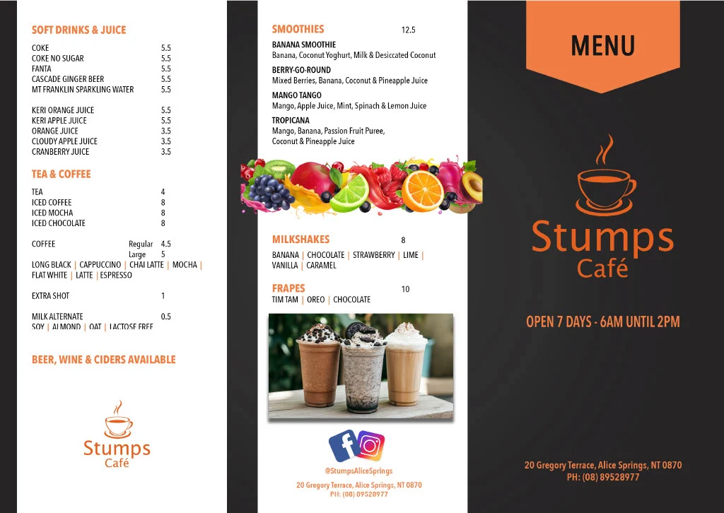 Menu, Stumps Cafe