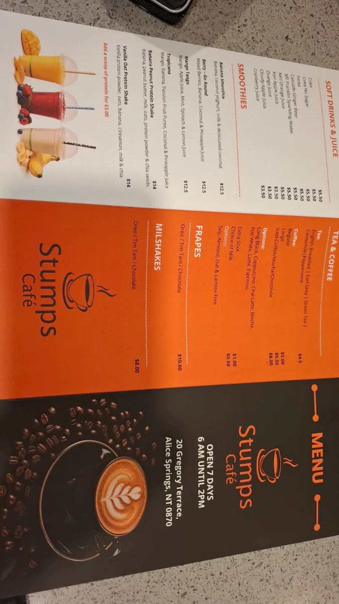 Menu, Stumps Cafe
