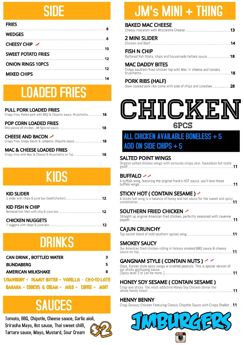 Menu, JM Burgers Willagee