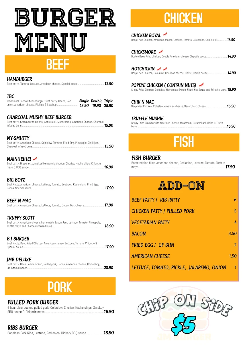 Menu, JM Burgers Willagee