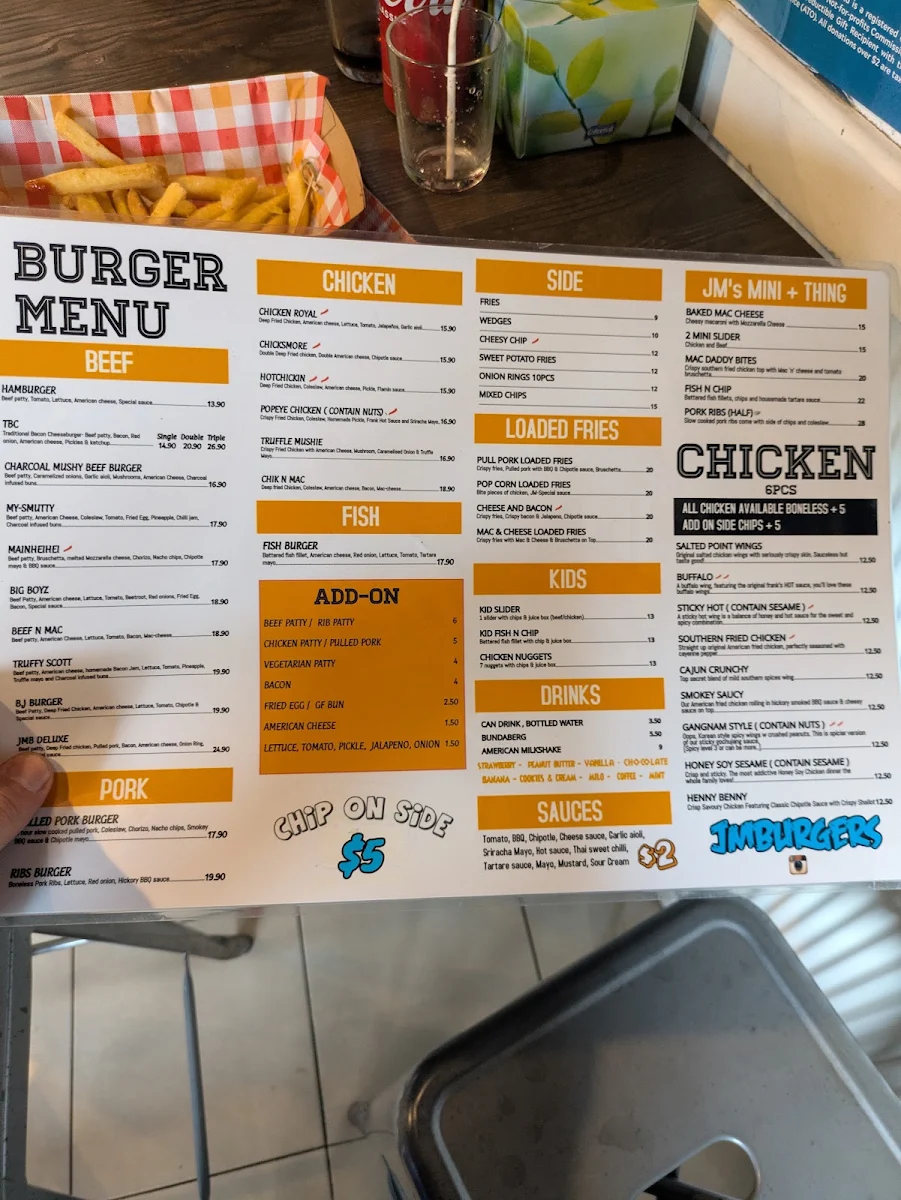 Menu, JM Burgers Willagee
