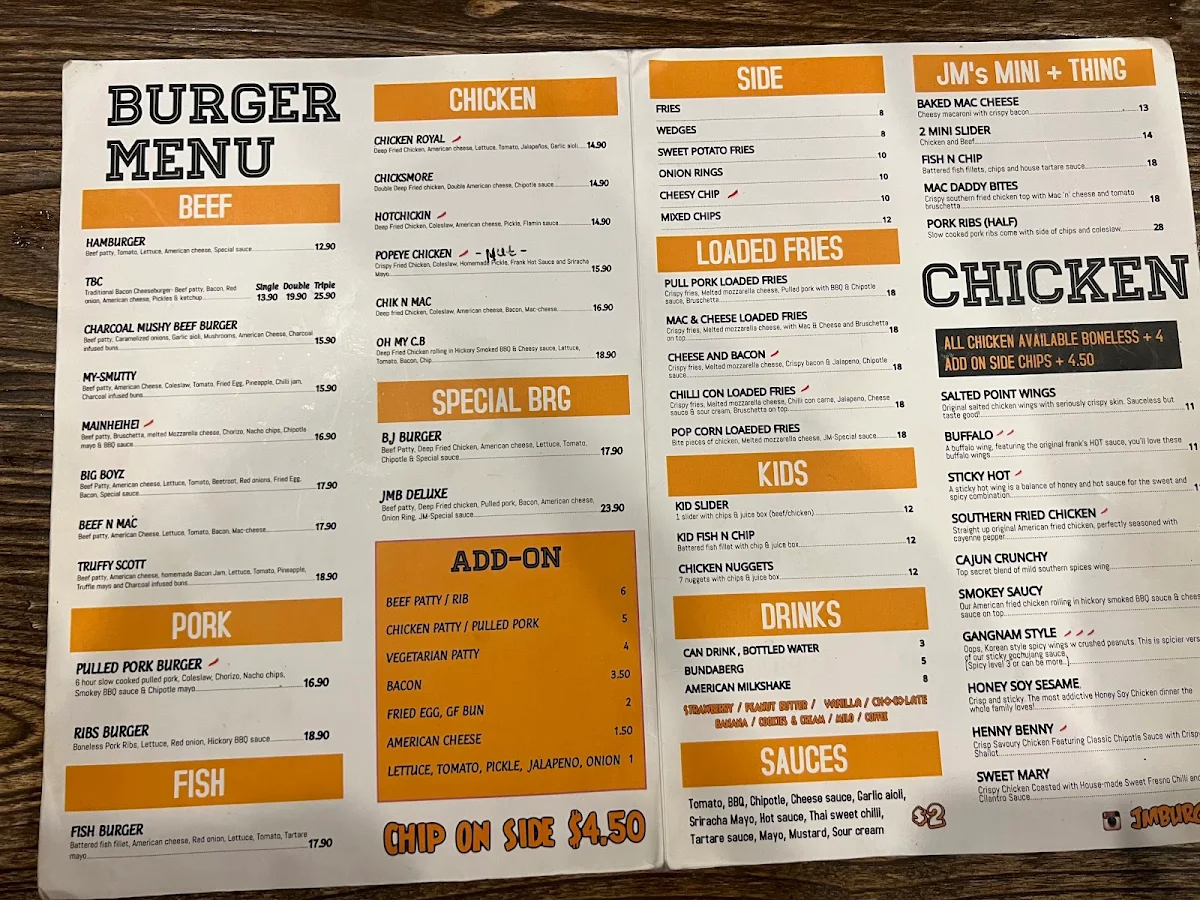 Menu, JM Burgers Willagee