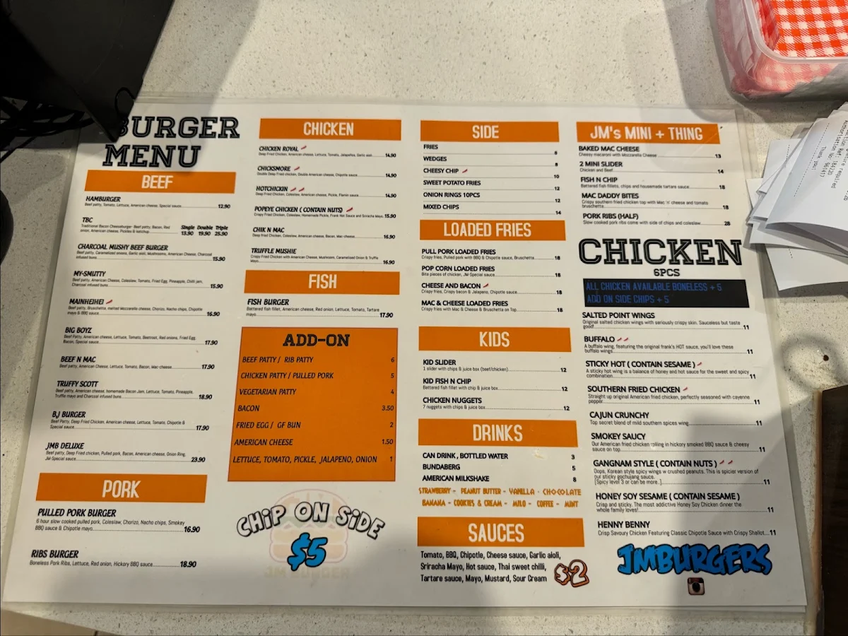 Menu, JM Burgers Willagee