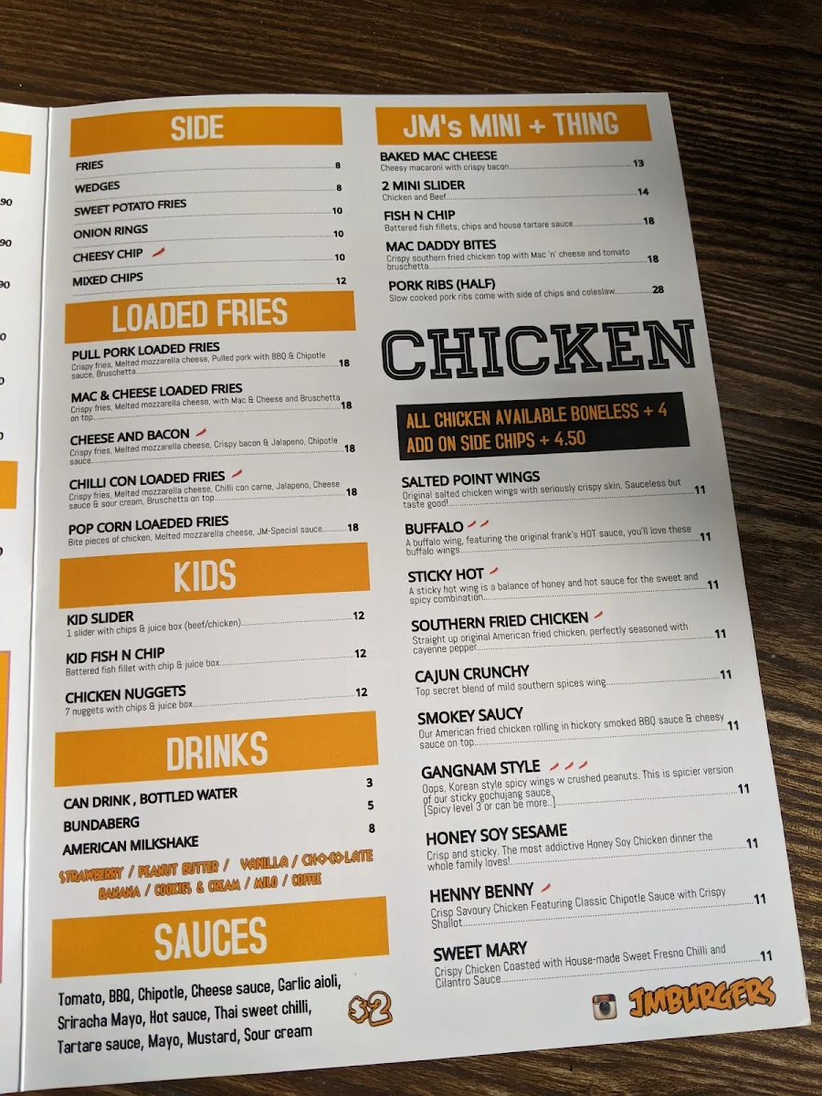 Menu, JM Burgers Willagee
